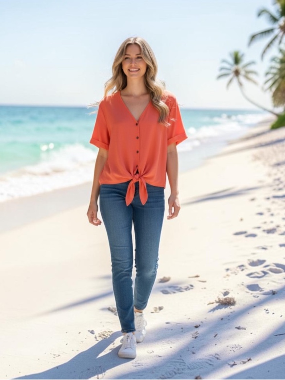 ORANGE TIE FRONT 100% TENCEL SHIRT Summery, beachy look